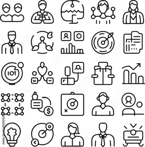 Collection of Line Icons Business, Teamwork, Management, and Data Analysis