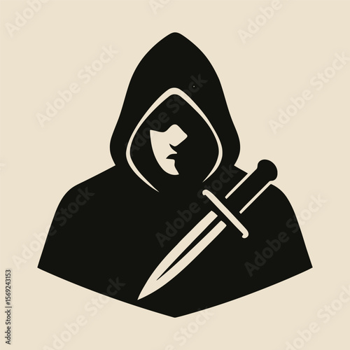 Hooded assassin icon with dagger and hidden face.