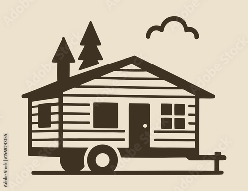 Vintage trailer cabin icon with trees and chimney.