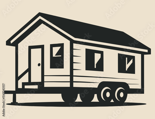 Tiny mobile home with wheels in black silhouette.