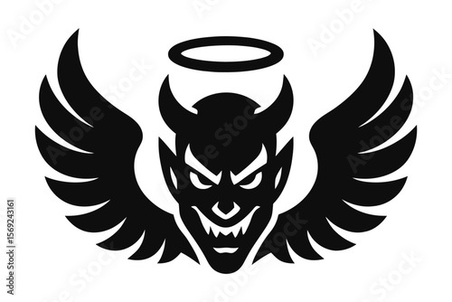 Devil face with wings and halo silhouette in black.