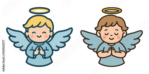 Cute angels with wings, halo and praying hands.