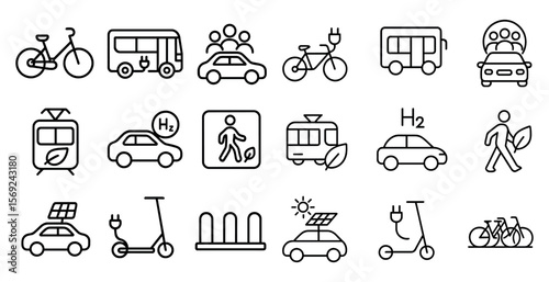 Collection of icons for various modes of transportation, including cars, buses, bicycles, and scooters