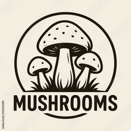 Mushrooms in circle badge with lettering and soil.