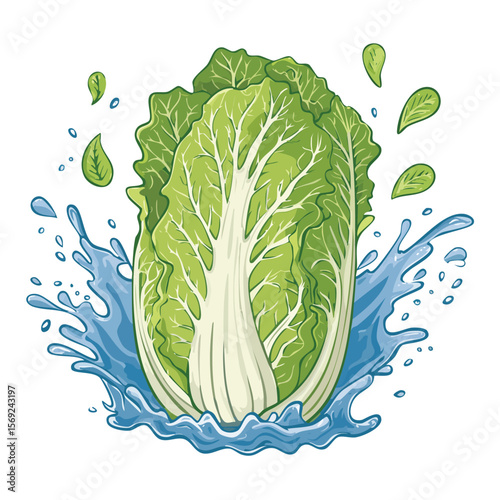 Napa Cabbage splash Colorful Vector in Adorable Comic Style with Expressive Lines.