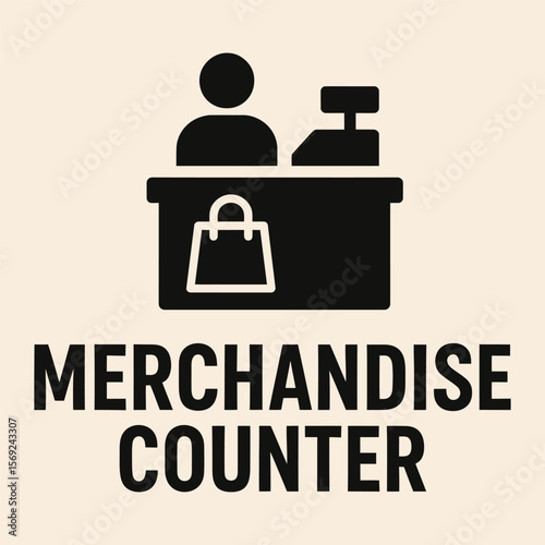 Cashier counter with bag and customer icon in silhouette.