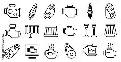 Collection of car parts and engine components. The image is a collection of various car parts and engine components, including spark plugs, air filters, oil filters, and more