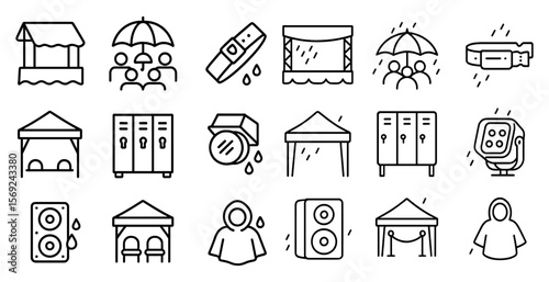 Series of icons depicting various items such as umbrellas, tents, and clothing. Scene is casual and relaxed, with people enjoying outdoor activities
