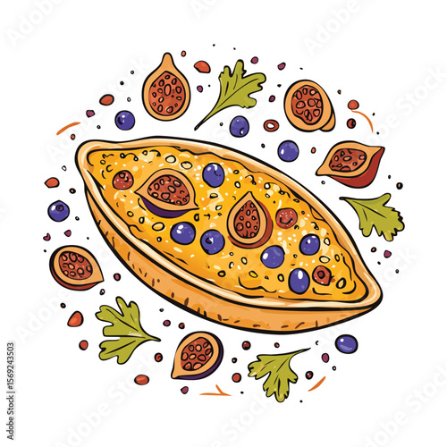 Turkish Pide splash Colorful Vector in Adorable Comic Style with Expressive Lines..