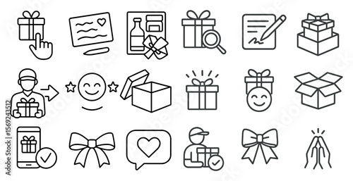 Set of icons for a gift delivery service. The icons include a smiling man holding a box, a man with a bow on his head, a man with a smiley face, a man with a heart