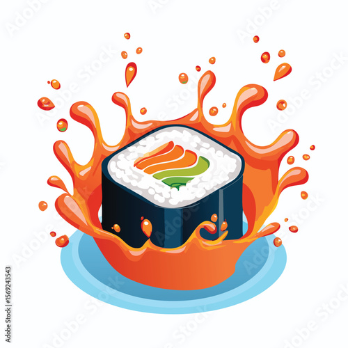 Sushi with Sauce Splash creative isometric illustration with layered dimension and depth cues.