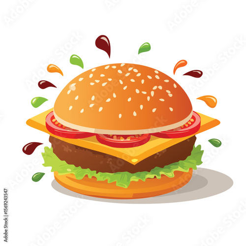 Hamburger with Sauce Splash creative isometric illustration with layered dimension and depth cues.