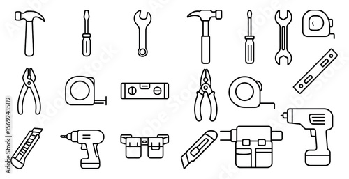Collection of tools and equipment, including a hammer, screwdriver, and pliers. Concept of organization and preparedness for a project or repair