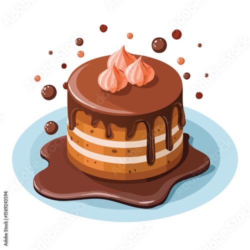 Chocolate Cake with Sauce Splash creative isometric illustration with layered dimension and depth cues.