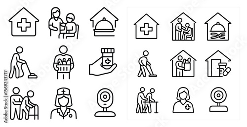Set of icons for a hospital or medical facility. The icons include a nurse, a doctor, a patient, a wheelchair, a bed, a dining table, a computer, a camera, a TV, a remote, a keyboard