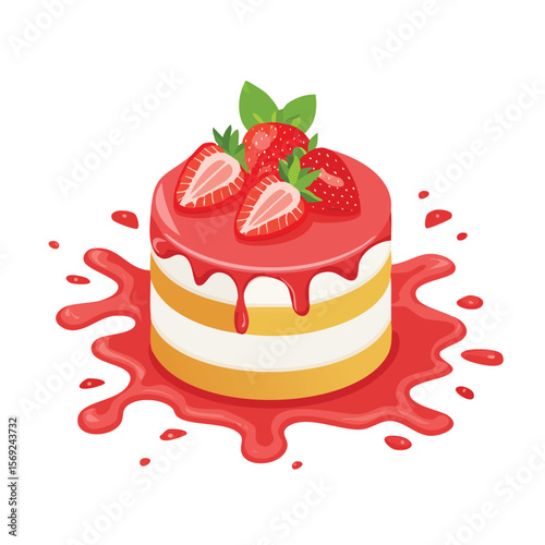 Strawberry Shortcake with Sauce Splash creative isometric illustration with layered dimension and depth cues.