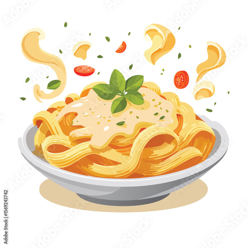 Chicken Alfredo with Sauce Splash creative isometric illustration with layered dimension and depth cues.