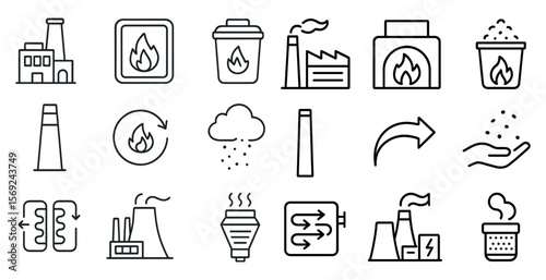 Series of icons depicting various industrial processes and their environmental impact. The icons include a factory, a power plant, a factory chimney, a factory smokestack, a factory chimney