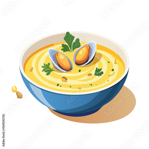 Clam Chowder with Sauce Splash creative isometric illustration with layered dimension and depth cues.