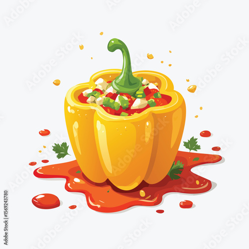 Stuffed Peppers with Sauce Splash creative isometric illustration with layered dimension and depth cues.