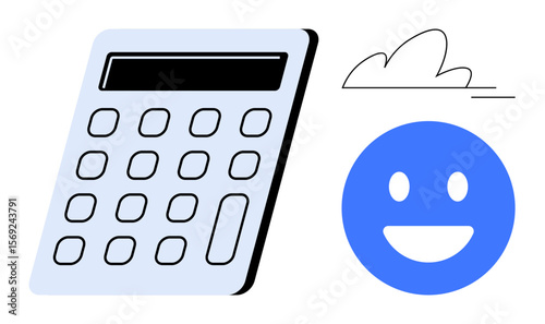 Calculator, happy face, and cloud represent calculation, happiness, and clarity. Ideal for finance, efficiency, positivity, teamwork progress productivity simple landing page
