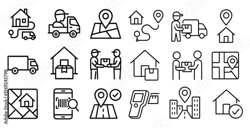Series of icons depicting various modes of transportation and delivery services. The icons include a truck, a person, a house, and a building. Scene is that of a busy