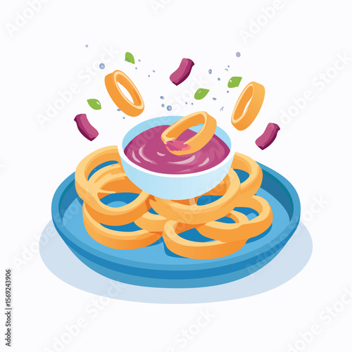 Onion Rings with Sauce Splash creative isometric illustration with layered dimension and depth cues.