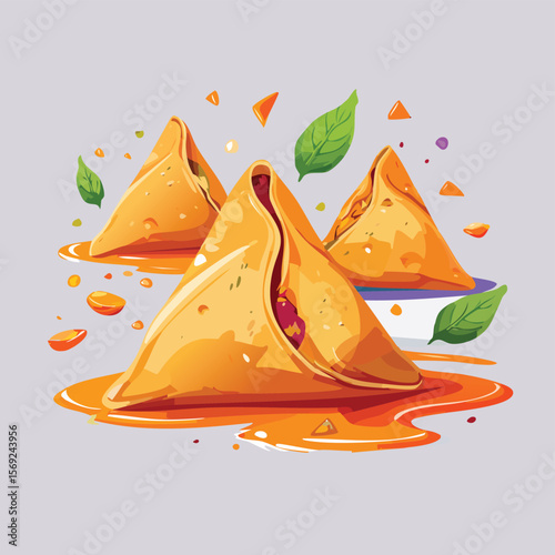 Samosas with Sauce Splash creative isometric illustration with layered dimension and depth cues.
