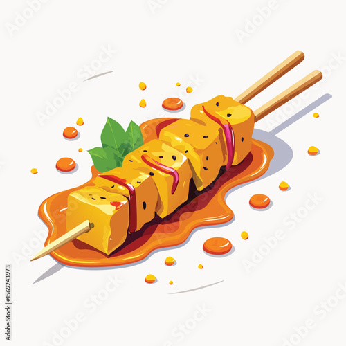 Chicken Satay with Sauce Splash creative isometric illustration with layered dimension and depth cues.