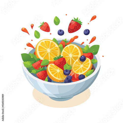 Fruit Salad with Sauce Splash creative isometric illustration with layered dimension and depth cues.