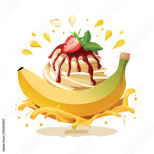 Banana Split with Sauce Splash creative isometric illustration with layered dimension and depth cues.