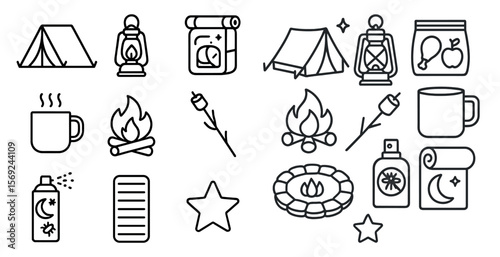 Collection of icons for camping and outdoor activities. The icons include a tent, a campfire, a bottle, a cup, a lantern, a backpack, a sleeping bag, a star, a fire, a marshmallow