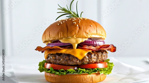 Wallpaper Mural delicious burger with bacon cheese lettuce tomato onion and sesame bun
 Torontodigital.ca