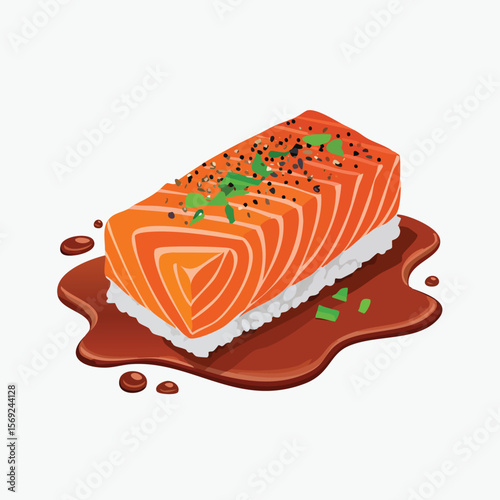 Teriyaki Salmon with Sauce Splash creative isometric illustration with layered dimension and depth cues.