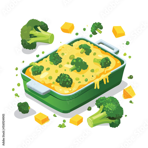 Broccoli and Cheese Casserole with Sauce Splash creative isometric illustration with layered dimension and depth cues.