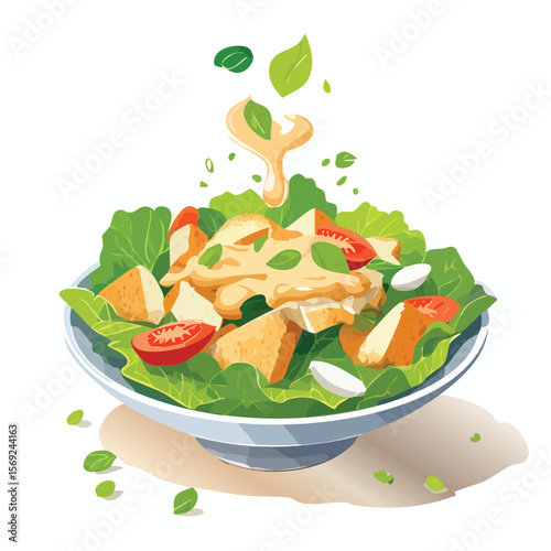 Chicken Caesar Salad with Sauce Splash creative isometric illustration with layered dimension and depth cues.