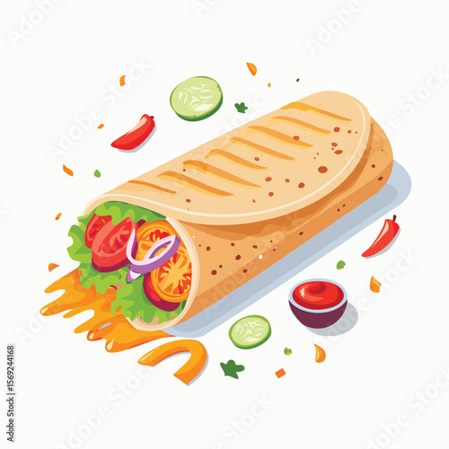 Chicken Shawarma with Sauce Splash creative isometric illustration with layered dimension and depth cues.