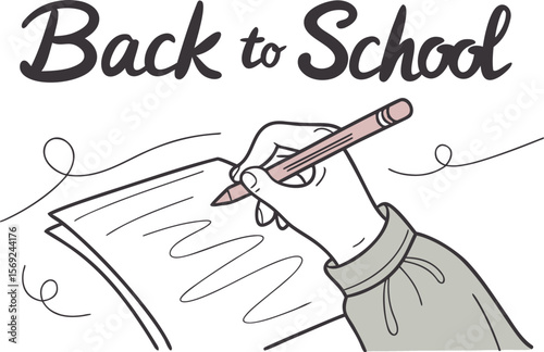 A hand writes a text Back to School on a blackboard with chalk. Modern collage style. Illustration on transparent background.advertising, back to school, blackboard, book, chalk, children, class, 