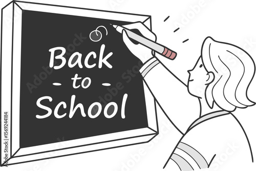A hand writes a text Back to School on a blackboard with chalk. Modern collage style. Illustration on transparent background.advertising, back to school, blackboard, book, chalk, children, class, 