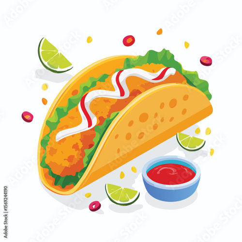 Fish Tacos with Sauce Splash creative isometric illustration with layered dimension and depth cues.