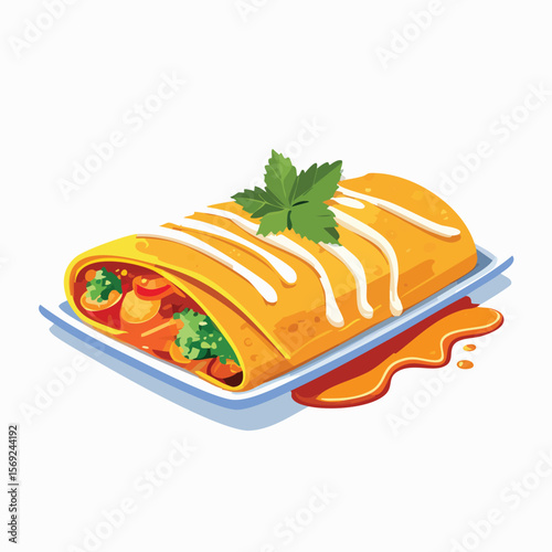 Chicken Enchiladas with Sauce Splash creative isometric illustration with layered dimension and depth cues.