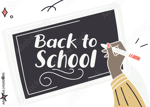 A hand writes a text Back to School on a blackboard with chalk. Modern collage style. Illustration on transparent background.advertising, back to school, blackboard, book, chalk, children, class, 