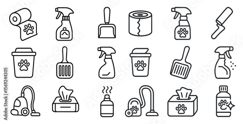 Set of cleaning supplies with a paw print on them. The supplies include a vacuum, a mop, a broom, a dustpan, a toilet brush, a toilet paper roll, a spray bottle, a bottle of cleaner