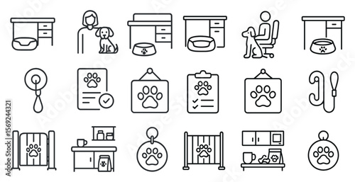 Set of images of various things related to pets, including a dog, a dog bed, a dog bowl, a leash, and a dog crate