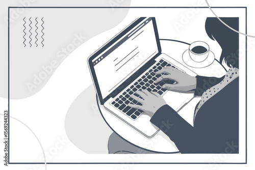 man Hands typing text on the keyboard of an open laptop, top view, place for text. Modern photo collage style. Illustration on transparent background.contemporary, cyberspace, desk, desktop, 