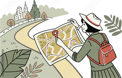 Hands holds a map with a way and a red pin mark. Target or destination concept. Modern collage Illustration on transparent background.direction, guide, location, map, destination, travel, assistance, 