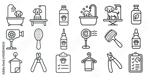 Set of dog grooming tools and accessories. The image is of a dog grooming salon. The tools include scissors, clippers, and a brush. The accessories include a bottle of shampoo