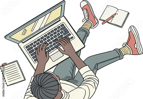 man Hands typing text on the keyboard of an open laptop, top view, place for text. Modern photo collage style. Illustration on transparent background.contemporary, cyberspace, desk, desktop, 