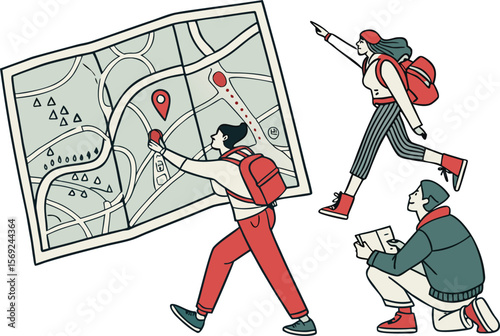 Hands holds a map with a way and a red pin mark. Target or destination concept. Modern collage Illustration on transparent background.direction, guide, location, map, destination, travel, assistance, 