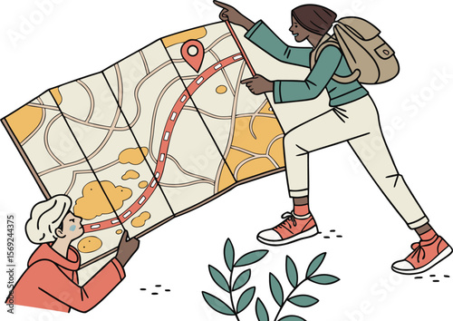 Hands holds a map with a way and a red pin mark. Target or destination concept. Modern collage Illustration on transparent background.direction, guide, location, map, destination, travel, assistance, 